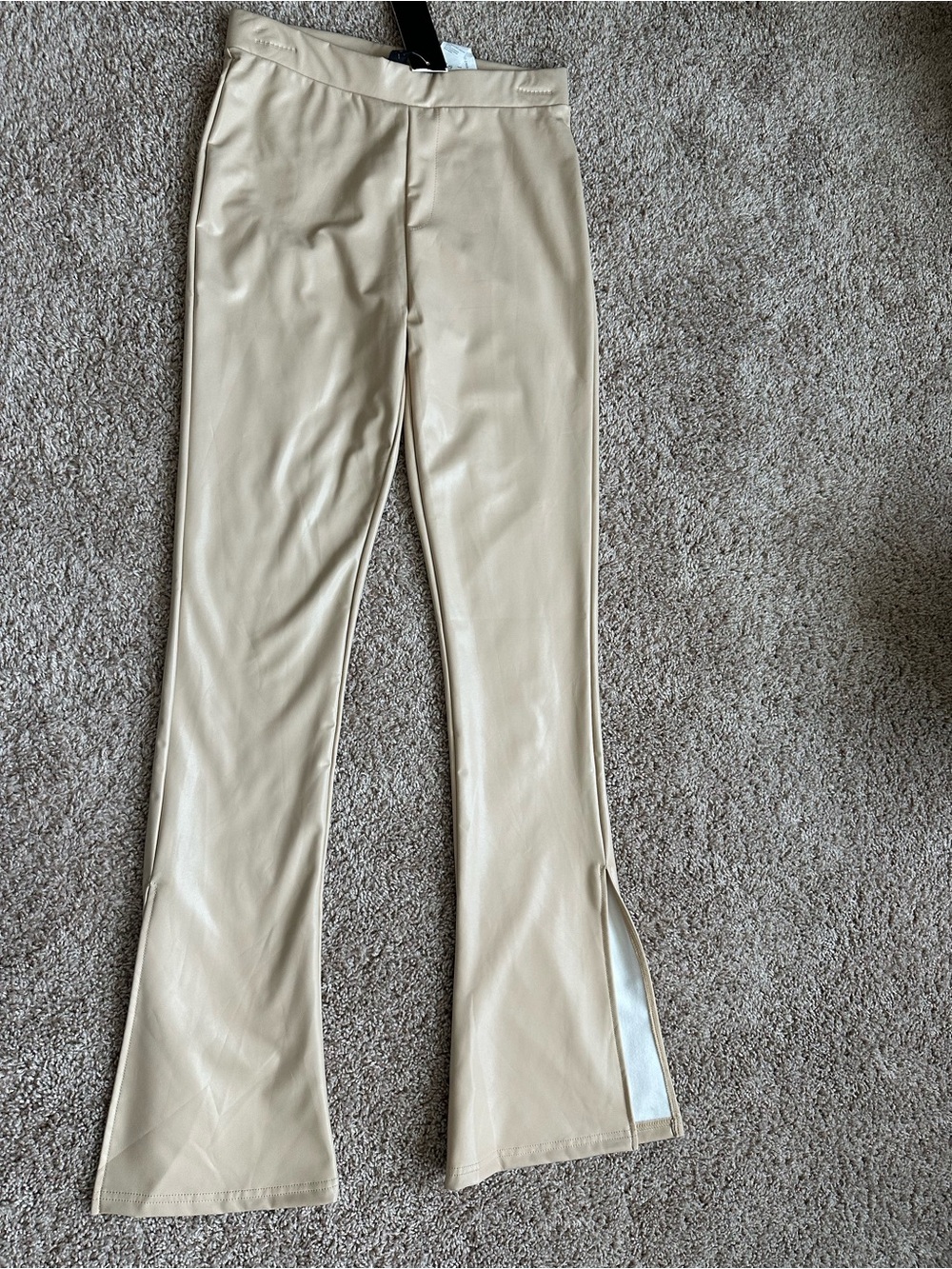 Faux Leather Flare Pants in Beige